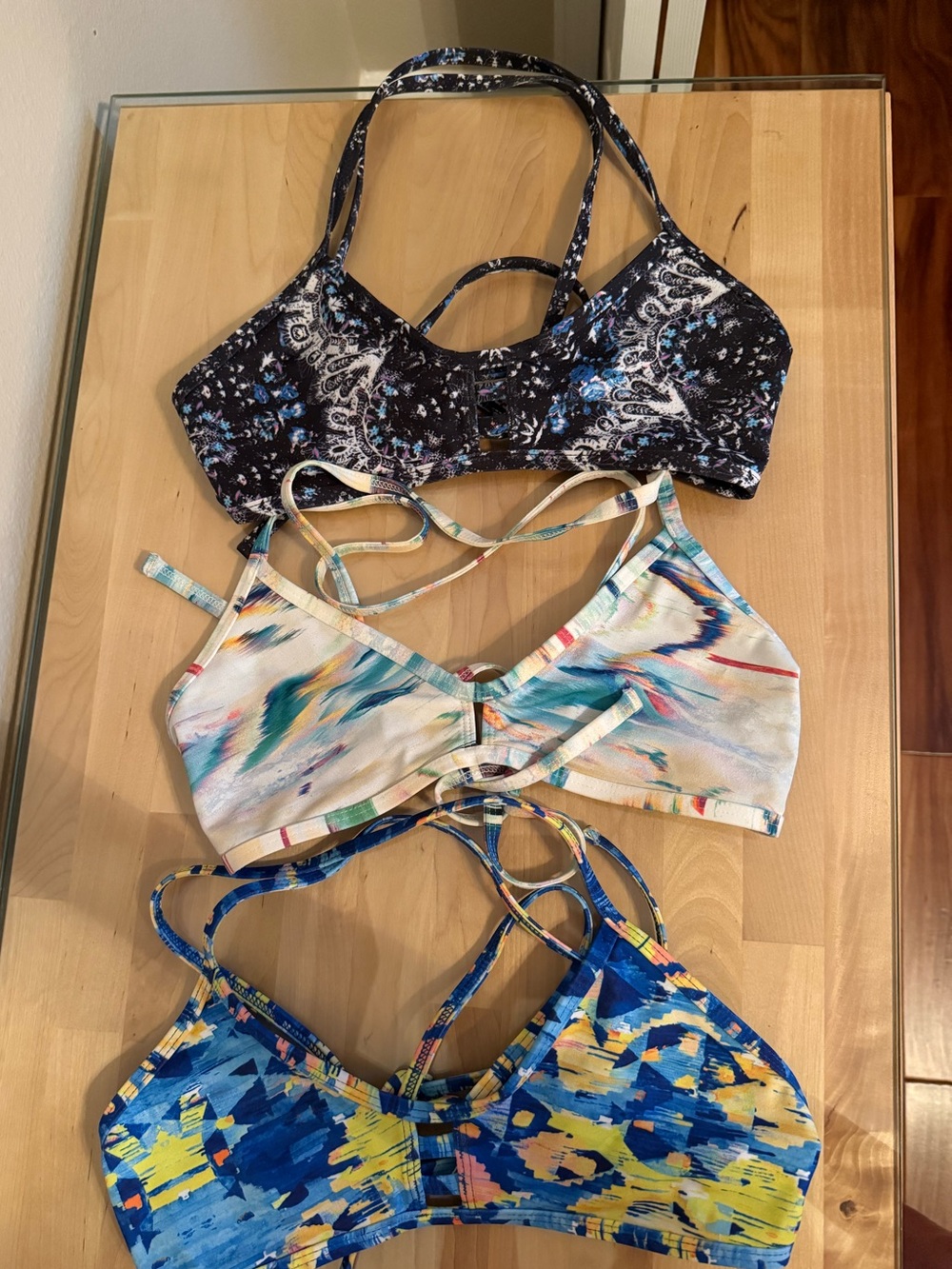 Jolyn Clothing 3 Mixed Print Bikini Tops in Blue, Yellow, White, Black